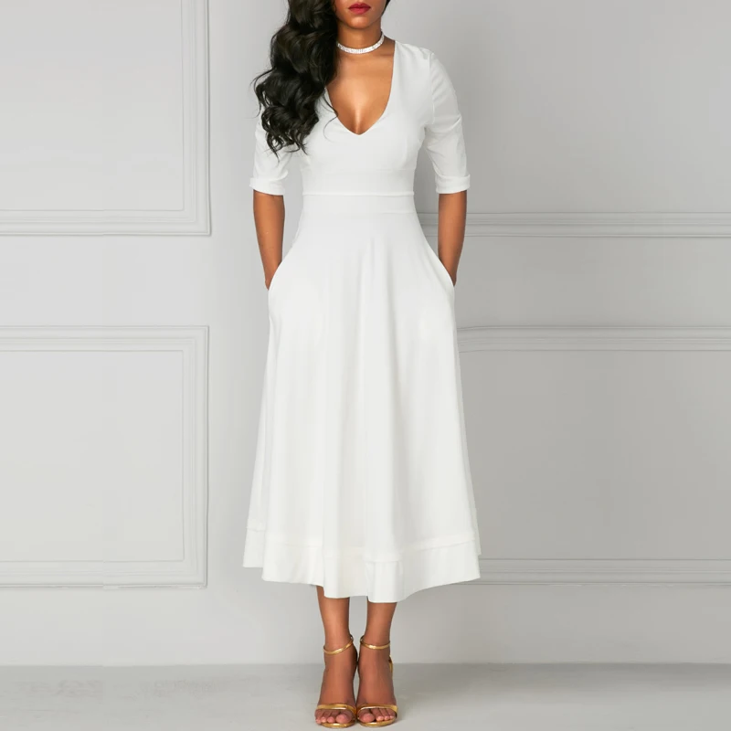 Осеннее платье размера плюс белое Макси женское длинное платье с v-образным вырезом офисное платье с короткими рукавами и карманами повседневное простое зимнее платье для женщин - Цвет: Белый