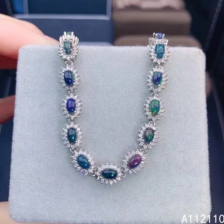 

Fine Jewelry 925 Sterling Silver Inset With Natural Gemstone Women's Luxury Trendy Flower Black Opal Hand Bracelet Support Detec