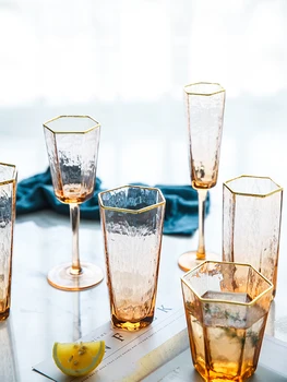 

2 pcs Hexagonal hammer pattern champagne wine glass water cup amber crystal glass champagne Brandy glass whiskey cup goblet