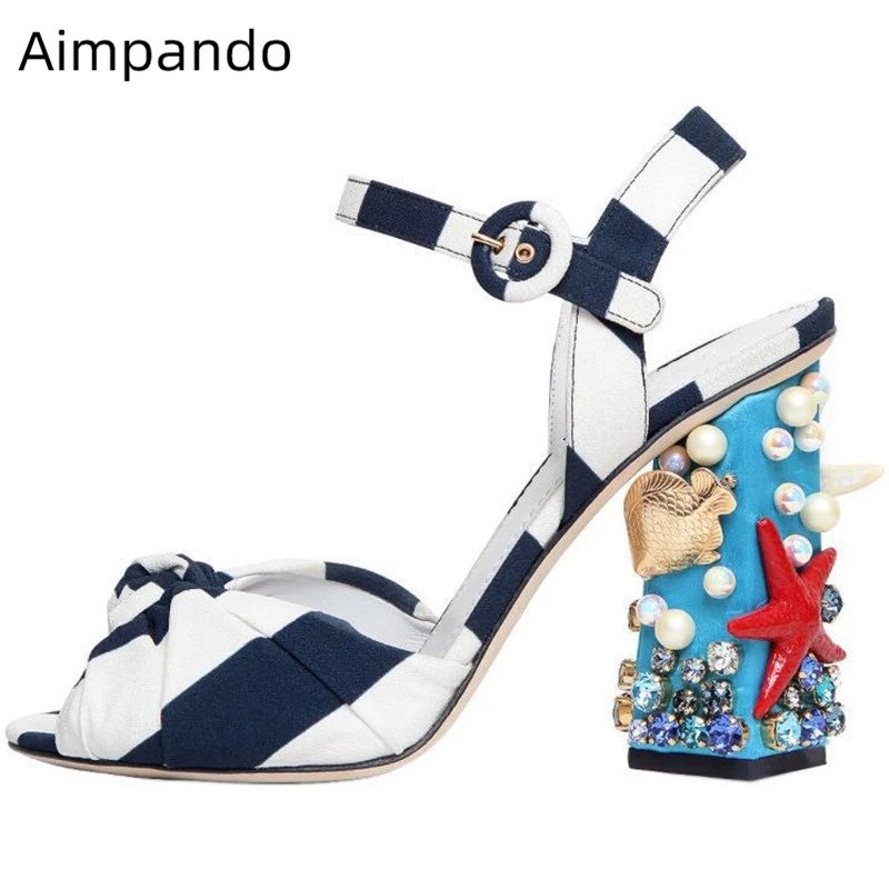 

Starfish Shell Decor High Heel Sandals Women Ankle Strap Striped Bowknot Diamond Chunky Heel Gladiator Party Shoes Woman