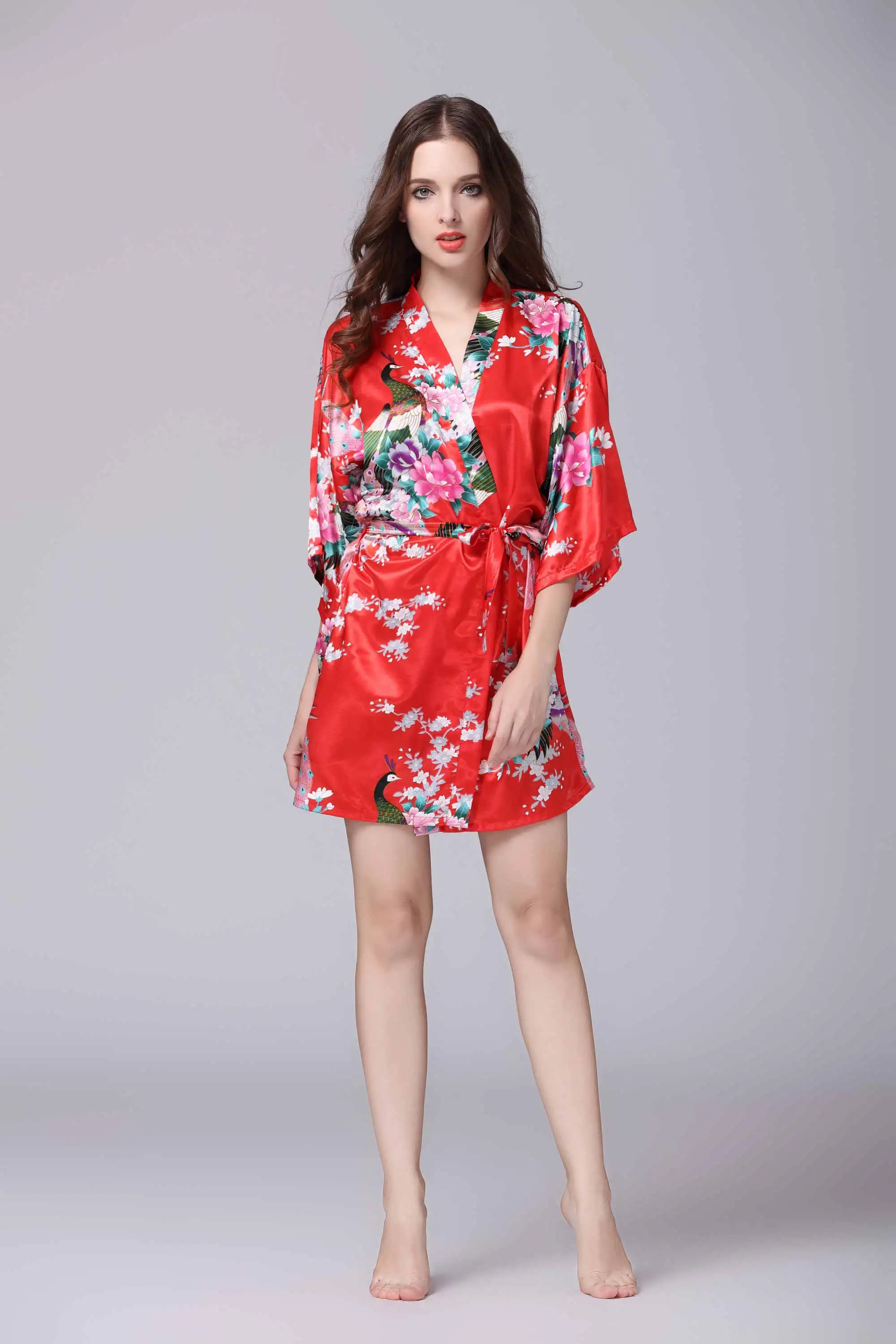 YAO TING/Лидер продаж; стильные шелковые пижамы для женщин; летняя удобная домашняя одежда с длинными рукавами и павлином; большие размеры - Цвет: Красный