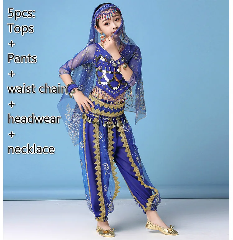 5pcs dark blue Костюм для танца живота, комплекты для девочек, детское платье для индийского танца, детская танцевальная одежда Для Болливуда, одежда для восточных танцев - Цвет: 5pcs dark blue
