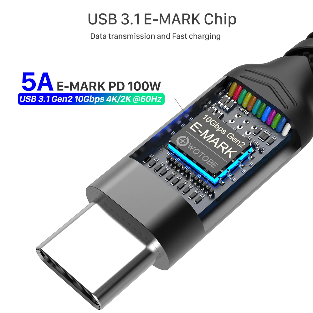 Câble USB C vers USB C 100W, WOTOBE LED Display type-c 5A e-mark cordon