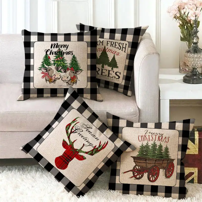 Британский Рождественский чехол для подушки, черная декоративная подушка в клетку, набор букв, лося, кедр, лен, с принтом, квадратные подушки 45*45 см