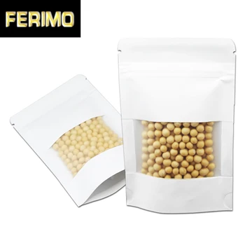 

12*20cm Food Stand Up Kraft Paper Storage Pouch With Clear Window 300Pcs/ Lot Doypack White Paper Coffee Tea Zipper Pack Bag