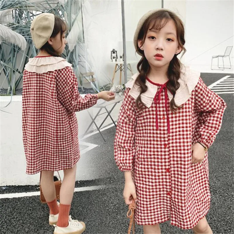 Весенняя детская одежда платье в клетку Vestido/Школьная рубашка с длинными рукавами и оборками для девочек-подростков, платья для От 4 до 12 лет