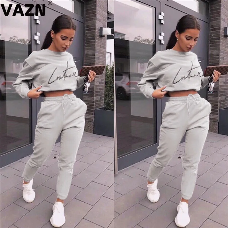 

VAZN 2020 Tide Autumn New Colorful Sport Solid O-neck Letter 2 Pieces Casual Women Set Full Sleeve Full Length Bodycon Women Set