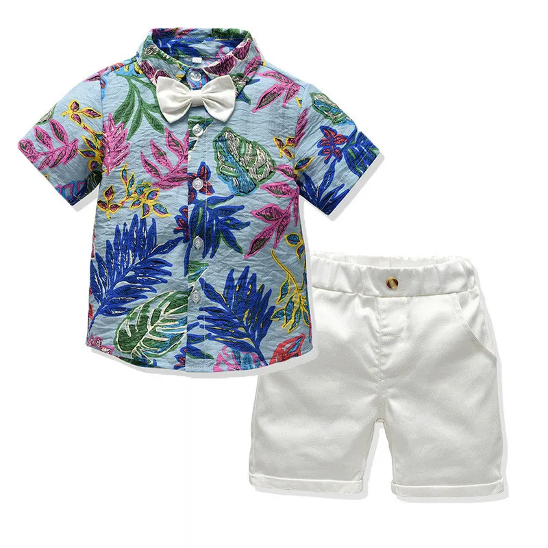 summer gentleman boys clothes suits children's printed short-sleeved shirt+ casual shorts outfit kids clothing sets