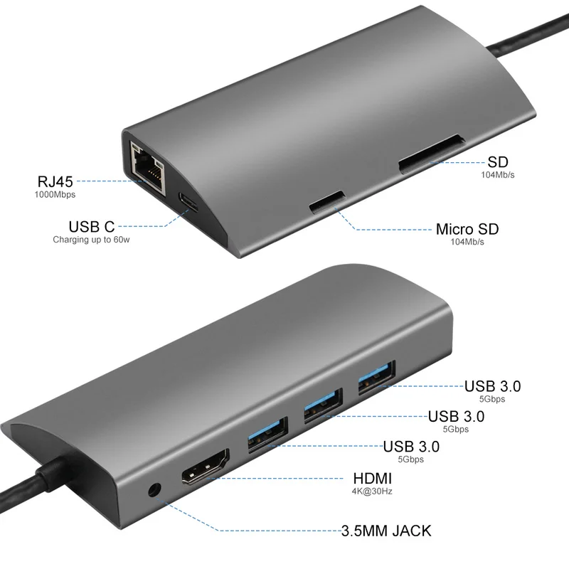 Basix USB-C концентратор типа C к USB 3,0 Thunderbolt 3 HDMI 3,5 мм аудио RJ45 адаптер для MacBook Pro samsung Galaxy S9 USB C концентратор