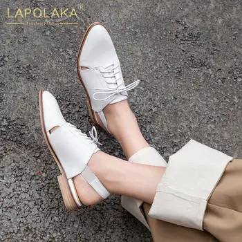 

Lapolaka 2020 New Fashion Large Size 43 Cow Leather Thick Low Heels Comfortable Sandals Women Shoes Lace Up Black Shoes Woman