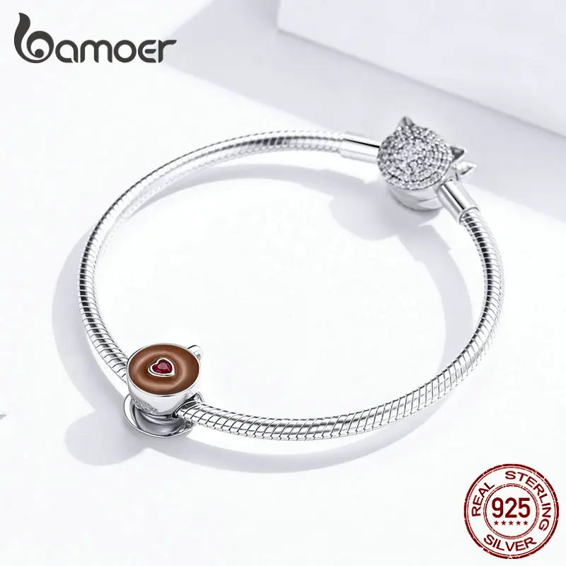 Bamoer кофейная чашка, металлические бусины для женщин, шармы пандора серебро 925 оригинальные европейский браслет с подвесками из стерлингового серебра 925 пробы, эмаль, модные украшения с шармами SCC1286
