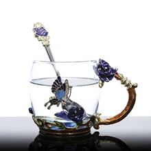 350 мл Голубая роза, эмалированная стеклянная кружка для воды, кружка для напитков с ручкой, чашка для чая и кофе с ложкой, Набор салфеток для очистки, домашний декор