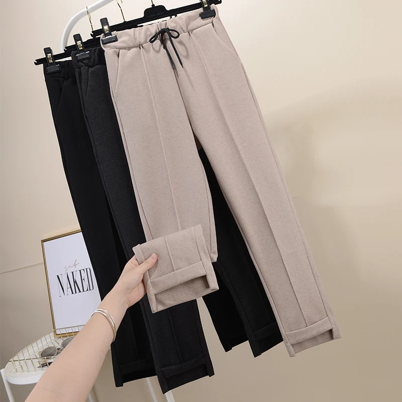 

Fashion Women Woolen Pants 2019 Autumn Winter Warm Trousers Elastic Waist Casual Female Solid Loose Pants Pantalon Femme WP83