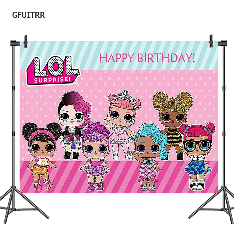 

GFUITRR Birthday Lol Doll Girls Photography Backdrop Stripes Polka Dots Photo Background Pink Vinyl Polyester Photo Booth Props