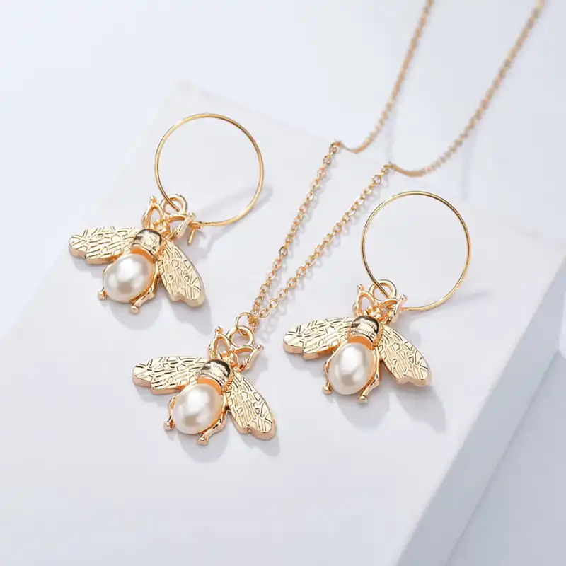 Золотые серьги-капли с жемчугом и necklace ем Женские Ювелирные наборы Bijoux животное ожерелье пчелки Подвески Стильные Серьги Подарки для детей