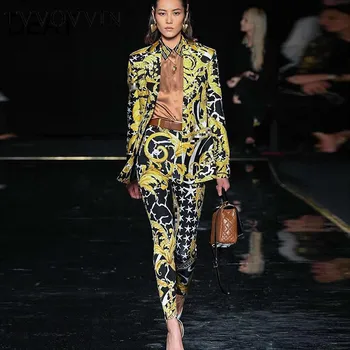 

TVVOVVIN Black Gold Flower Long-sleeved Single-button Slim Suit Jacket Pencil Pants Woman Set Casual Fashion 2019Autumn New X265