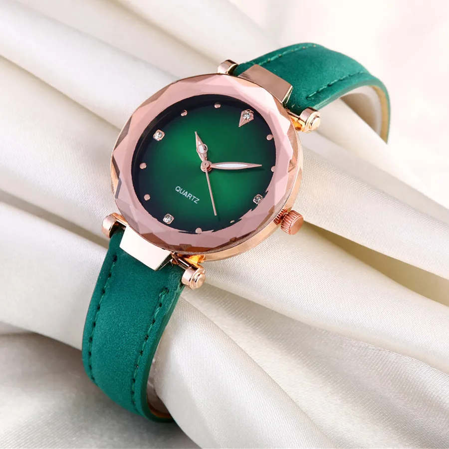 

Fashion Shiny Mirror Quartz Leather Strap Watch Korean-style Student Diamond Set Casual Watch Non-Logo Ladies' Watch