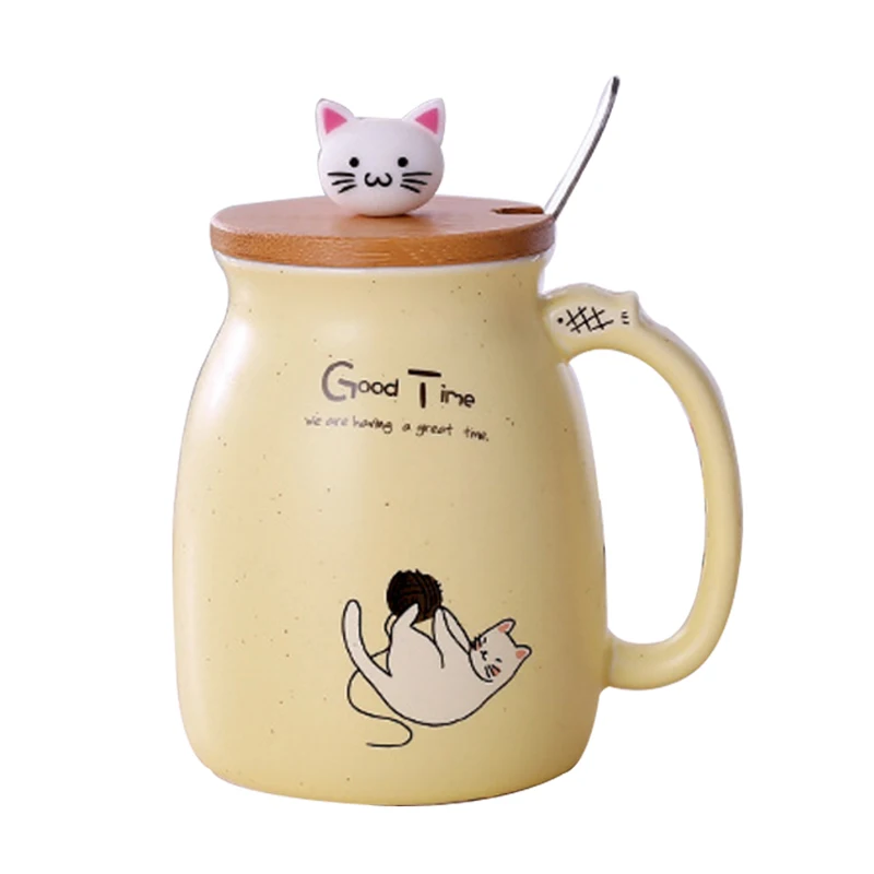 Цветная с крышкой чашка котенок молоко кофе керамическая кружка детская чашка мультяшная керамическая кружка кунжута кошка термостойкая чашка - Цвет: yellow