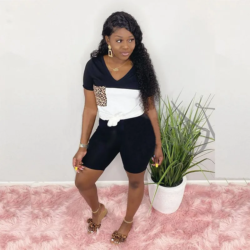 

Fashing Two Piece Set Summer Clothes for Women Tracksuit Leopard Pocket Top Biker Shorts Sweat Suits 2 Pcs Outfits Matching Sets
