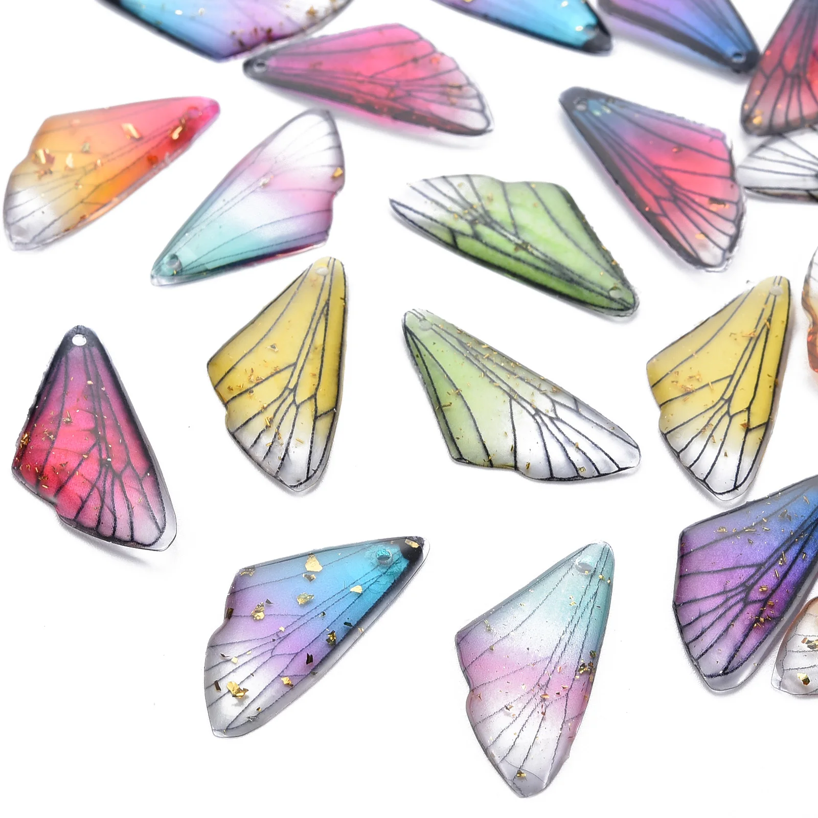 100Pcs Insects Wing Colored Transparent Resin Pendants with Gold Color Foil Charms for DIY Necklace Bracelet Jewelry Making