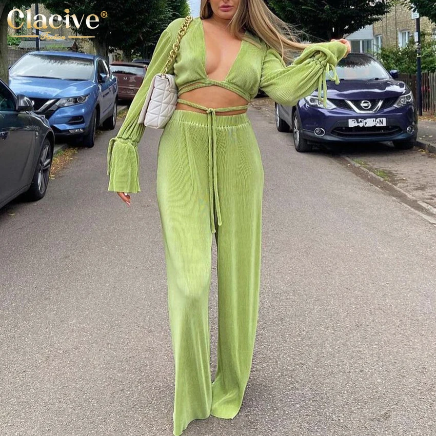 stylish pant suits Clacive Sexy Green Pants Set Women Casual Loose Bandage Blouses Shirt Matching Wide Leg Trousers Suit Elegant 2 Piece Pant Set lawn suits