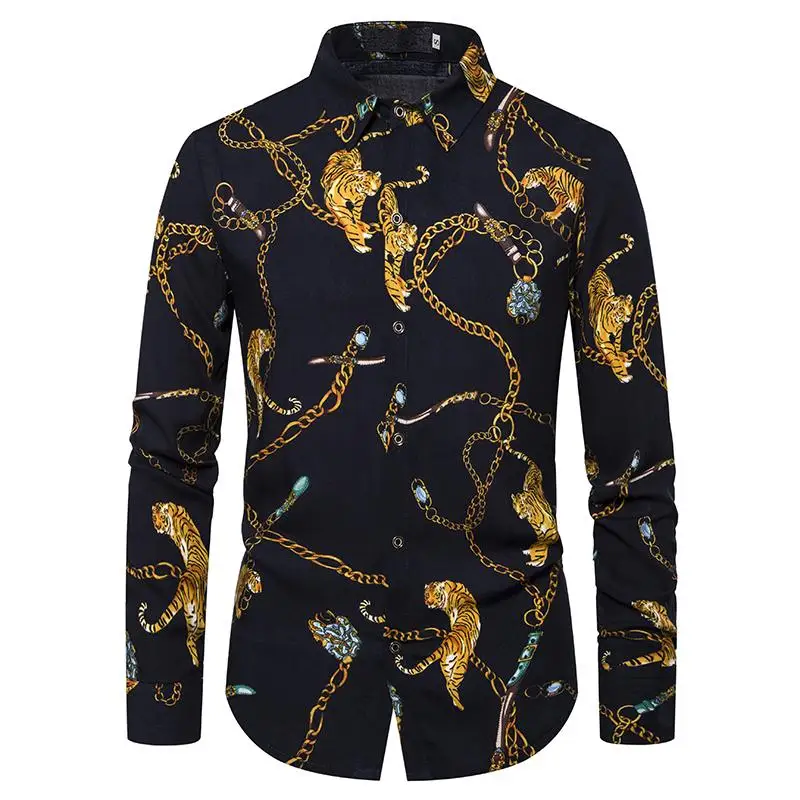

Long sleeve Male Shirt Chained tiger pattern Men's Shirts Social Blouse Men Fashion Long sleeve Slim fit New