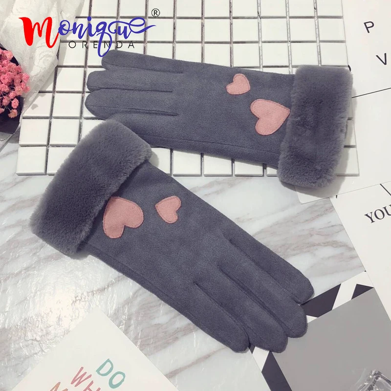 Милые элегантные зимние женские зимние перчатки теплые толстые студенческие замшевые заботливые перчатки с сенсорным экраном