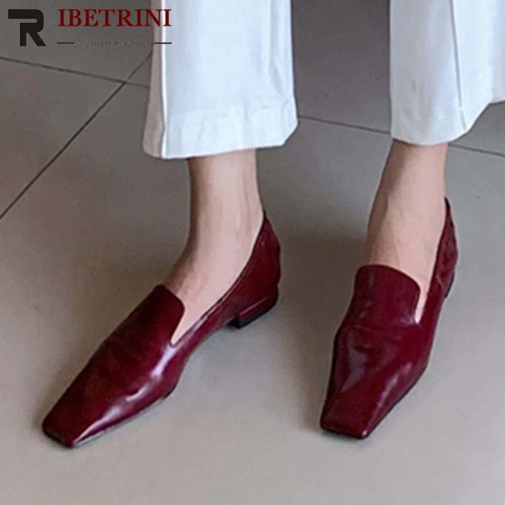 

RIBETRINI New Ladies Spring Casual slip-on Loafers Brand Genuine Leather Flats Women Fashion Square Toe Dress Shoes Woman