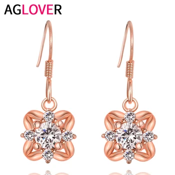 

AGLOVER High Quality 925 Sterling Silver Elegant AAA Zircon Vintage Rose Flower Earrings For Woman Charm Wedding Party Jewelry