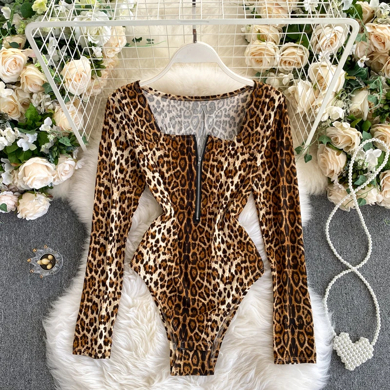 Leopard Long Sleeve Skinny Bodysuit Women Spring Zipper Square Collar Female Casual Body Top Jumpsuit Street Wear