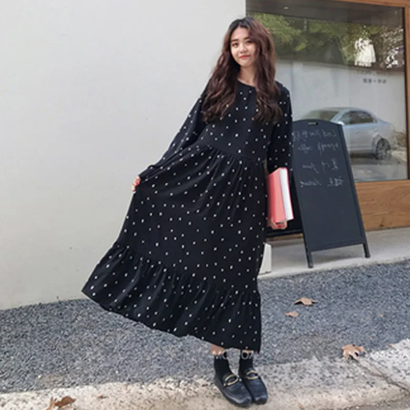 

Plus Size 2019 Spring Autumn Casual European Style Women Dresses Loose Long Sleeve Print Dot Linen Vestidos O-Neck Female Robe