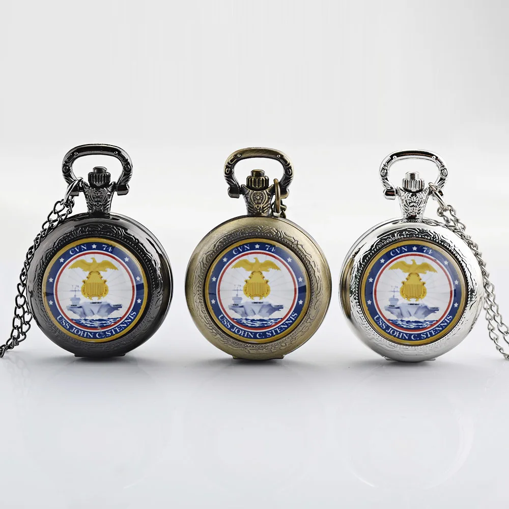 

IBEINA TP16 USS John C US Stennis Independence Day Theme Full Hunter Quartz Engraved Fob Retro Pendant Pocket Watch Chain Gift