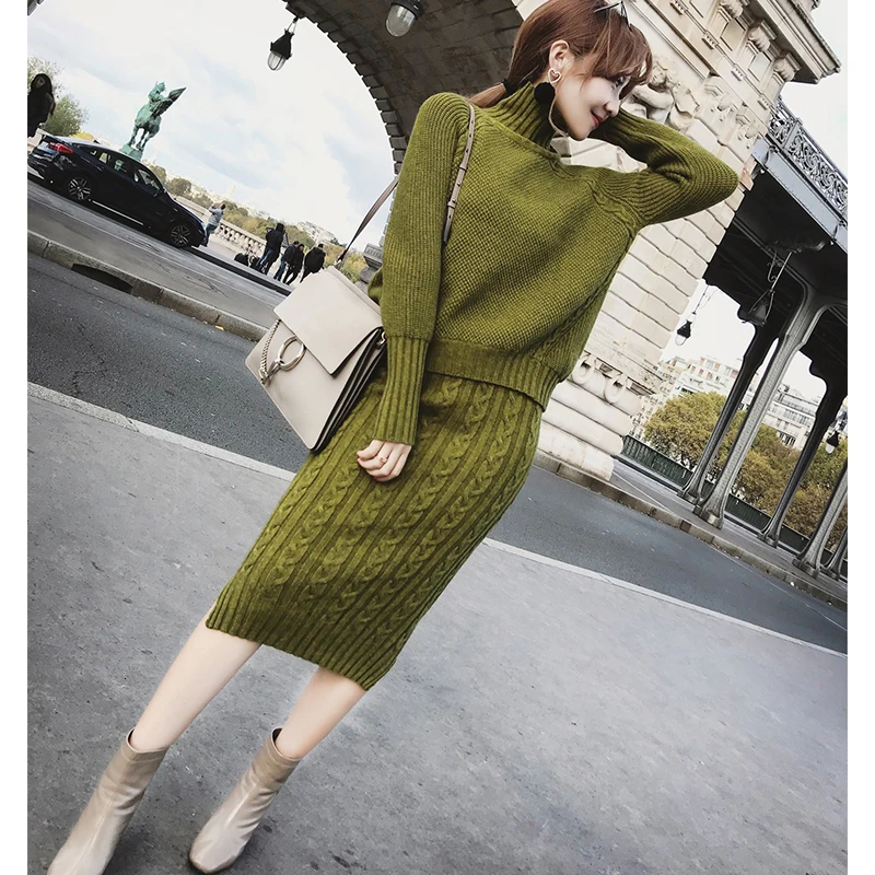  Knitting Skirt Suit 2 Piece Set Women Long Sleeve Turtleneck Pullover Sweater Split Pencil Top And 