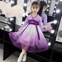 Элегантное платье для девочек платье принцессы зимние Hanfu Детский костюм детская одежда с аппликацией в виде цветка; платья для девочек; праздничная одежда, 2, 5, 8 10 лет