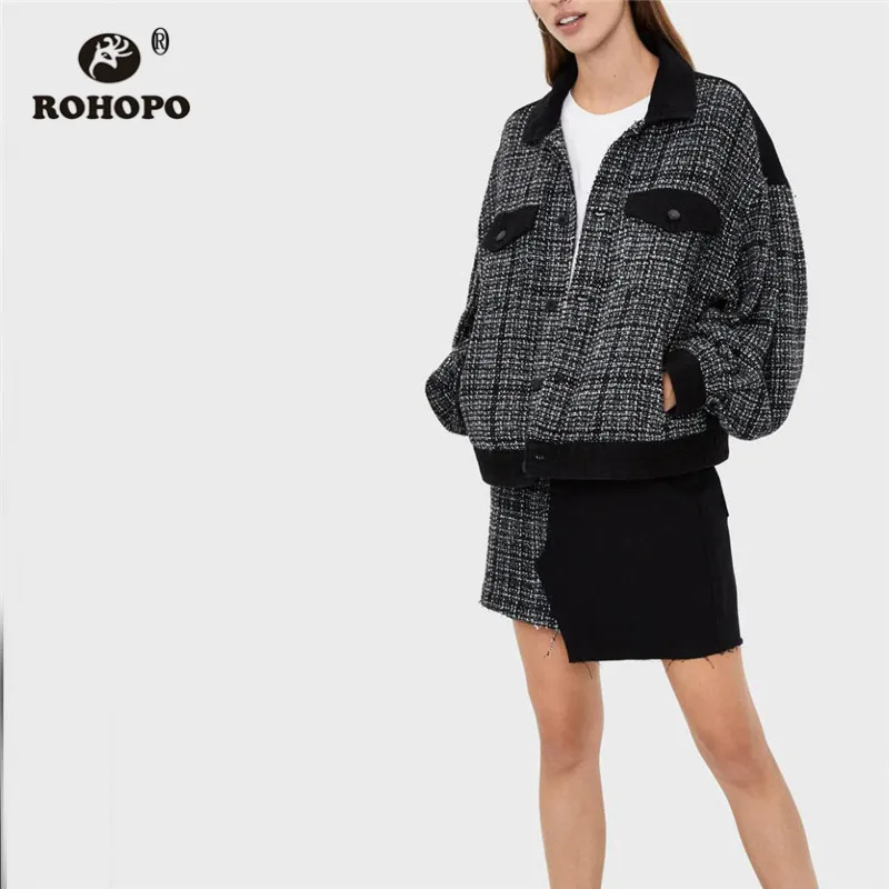 

ROHOPO High Waist Patchwork Tweed Denim Gradient Mini Skirt Side And Pockets Welted Pockets Flared Hem Cotton Falda #1483