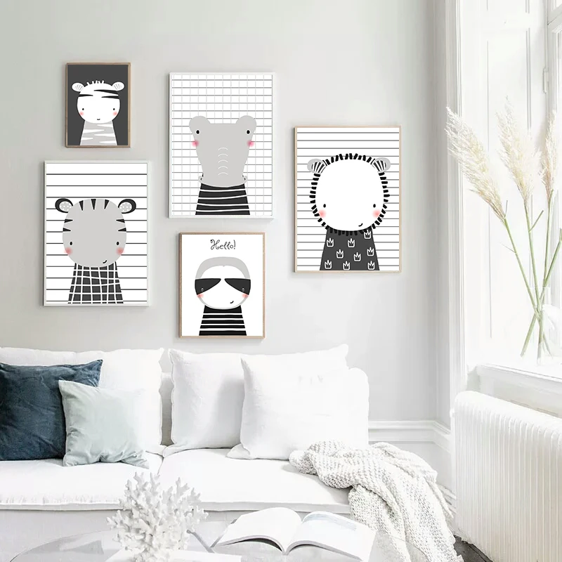 

Cute Cartoon Animal Poster Print Black White Baby Wall Picture For Kids Room Decor Nordic Style Wall Art Canvas Painting