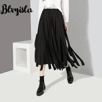 

Blvyisla 2019 Spring High Waist Solid Tassel Skirts Elastic Waist School Young Lady Sweet Skirt