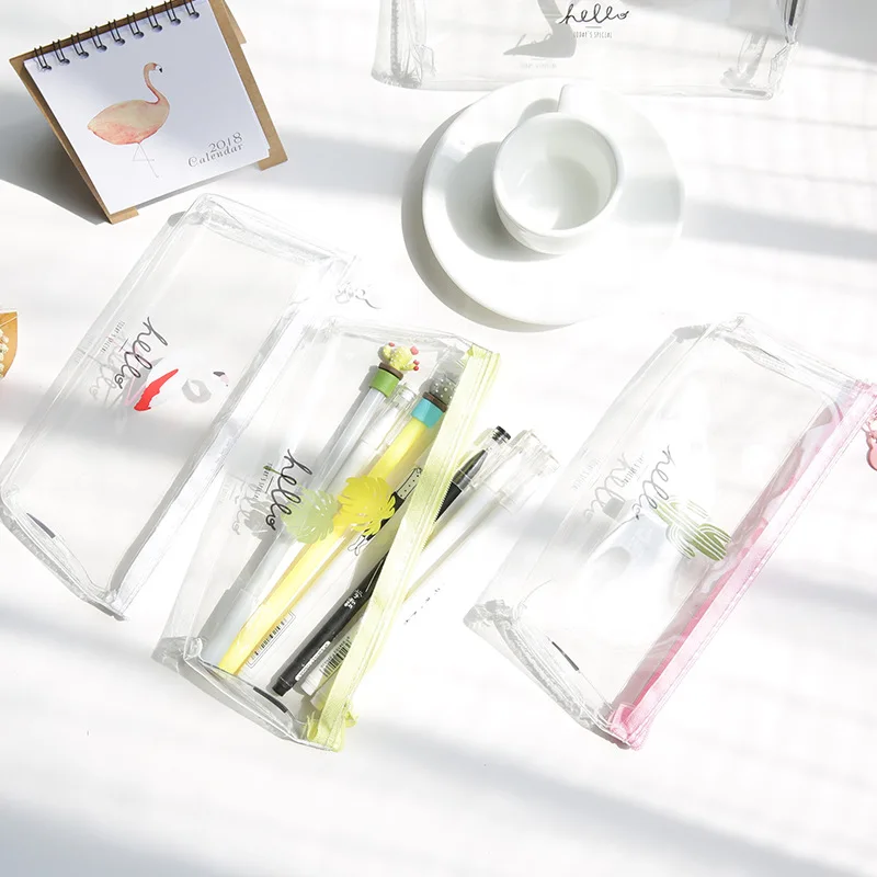 

Cute Cactus Transparent Pencil Cases Kawaii Flamingo Pencil Bag Box Pen Case For Girls Korean Stationery Office School Supplies