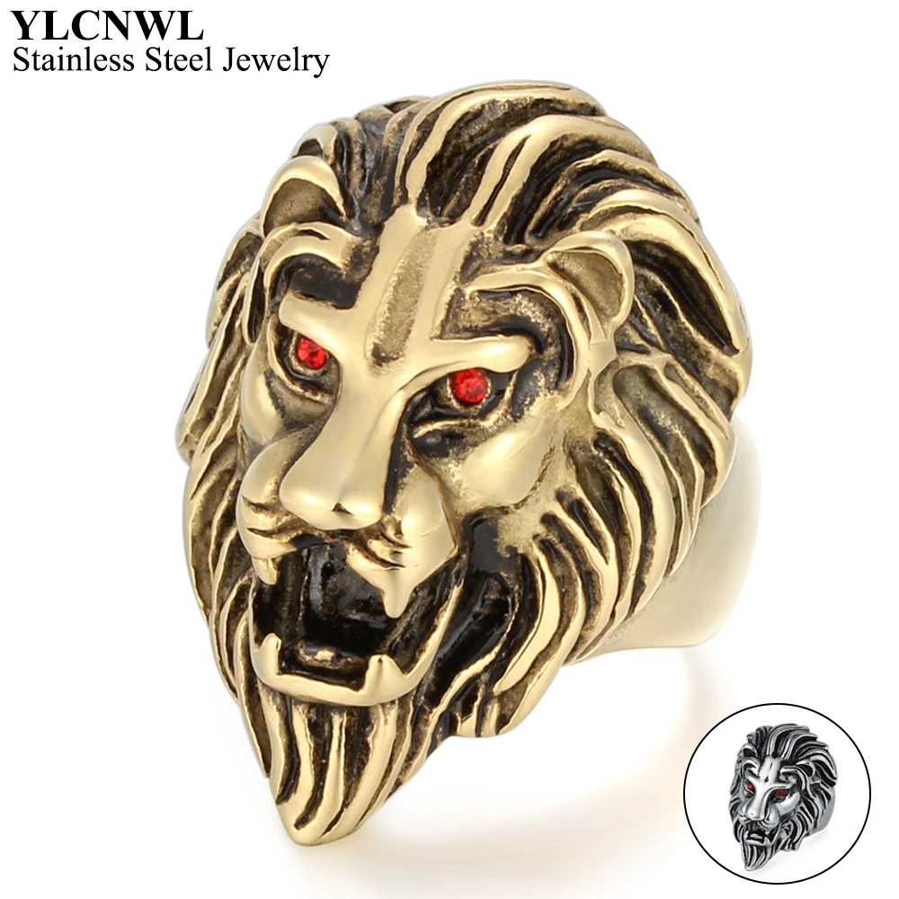 Anillo de cabeza de león para hombre, joyería de acero inoxidable 316L, ojos rojos de diamantes de imitación, Animal, de cumpleaños|Anillos| - AliExpress