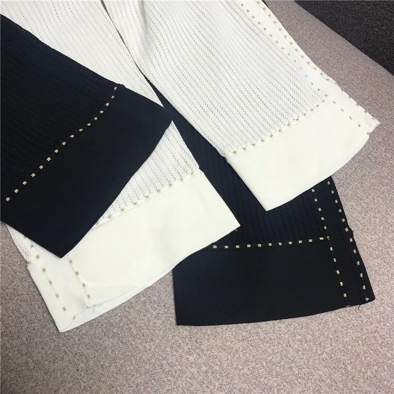 Metal Buttons Summer Knitted Top + Wide Leg Pants Suit Hollow Out Office Lady Two Piece Set Vintage Gold Line Loose Elegant B070 two piece sets