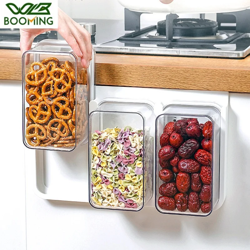 WBBOOMING Big Capacity Hanging Plastic Sealed Cans Kitchen Storage Box Concave Stackable Food Canister Fresh New Clear Container