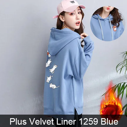 Winter 1259 Blue Толстовки и кофты Пуловеры Для женщин Осень и Зима капюшоном бархатным лайнером Толстовка средней длины Спортивная одежда1 - Цвет: Winter 1259 Blue