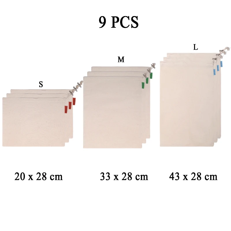 3 шт./6 шт./9 шт. Хлопковый мешок для овощей, фруктов, риса, экологически чистый с кулиской, многоразовый, моющийся для дома, шоппинга, кухни - Цвет: 9 PCS