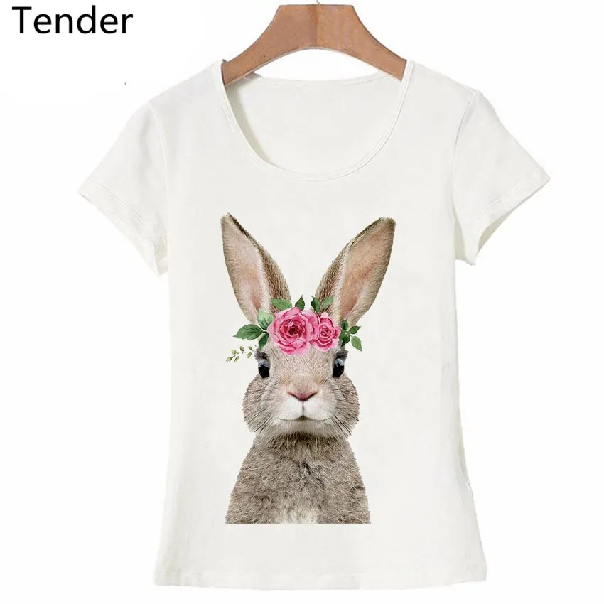 Tanie T-Shirt kolorowy królik dla dzieci z kwiatowymi koronkami drukuje moda sklep
