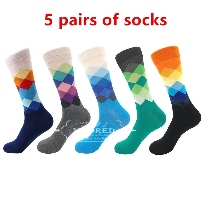 MYORED,, мужские повседневные носки sokken, четыре сезона, в клетку, для банкета, бизнеса, носки для мужчин, повседневная одежда, свадебный подарок - Цвет: 5 pairs of socks