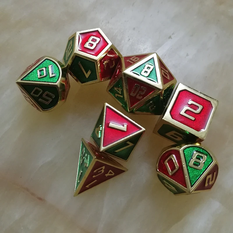 Игральные кости DND металлические РГП набор многогранных подземелий Дракон d20 10 6 8 12 настольные игры цинковый сплав смешивание Красный Зеленый цифровой узор в кости