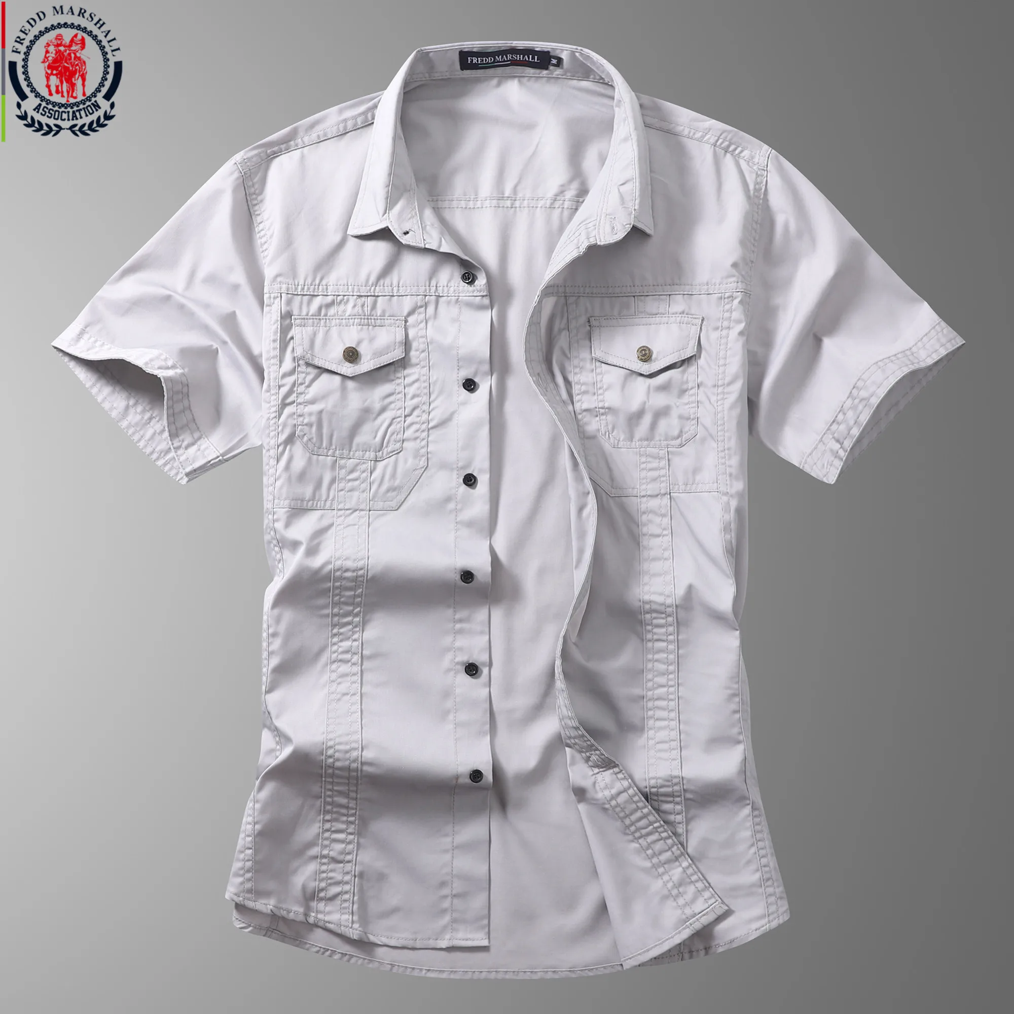 FREDD MARSHALL Summer Fashion Solid Color Denim Shirt Men Short Sleeve Business Casual Cargo Work Shirts Tops 56008