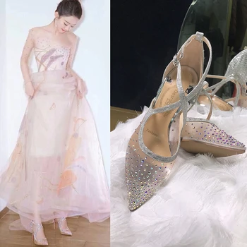 

Bling Women Summer Heels Pointed Toe Cross Tied Women Rhineestones Sandals Ladies Mesh Stilettos Wedding Evening Party High Heel