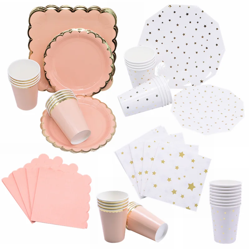Белый розовый одноразовая бумажная посуда чашка салфетка для дня рождения Свадебная Посуда украшения для дома вечерние кухонные принадлежности