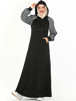 

Islamic Clothing Middle East Striped Jogging Long Dress Sports Work Wear Side Pockets Muslim Hooded Tracksuit Maxi Dress Women